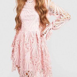 NEW Women's High Neck Flared Sleeve Lace Skater Dress  COLOR ROSE